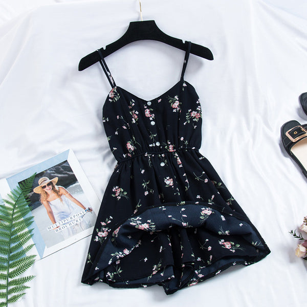 2019 New Women's Dress Sweet Summer Casual Fashion Bohemian Print Thin Strap Sleeveless Black Dress for Women