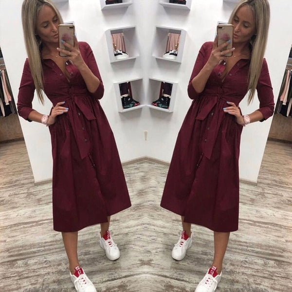Women Vintage Front Button Sashes Party Dress Three Quarter Sleeve Turn Down Collar Solid Dress 2019 Autumn New Fashion Dress
