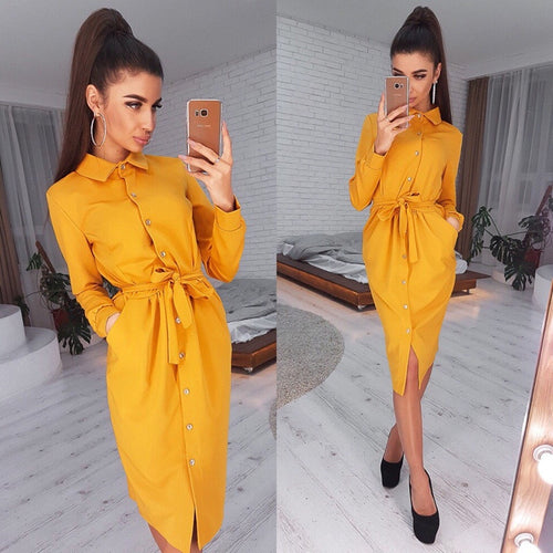 Women Vintage Front Button Sashes A-line Dress Long Sleeve Turn Down Collar Solid Elegant Dress 2019 Autumn Fashion Women Dress