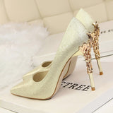 Metal Carved Thin Heel High Heels Pumps Women Shoes 2018 Sexy Pointed Toe Ladies Shoes Fashion Candy Colors Wedding Shoes Woman