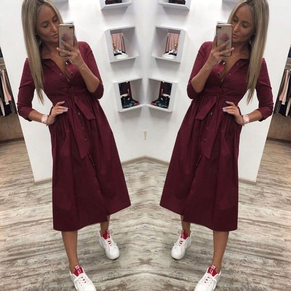 Women Vintage Front Button Sashes Party Dress Three Quarter Sleeve Turn Down Collar Solid Dress 2019 Autumn New Fashion Dress